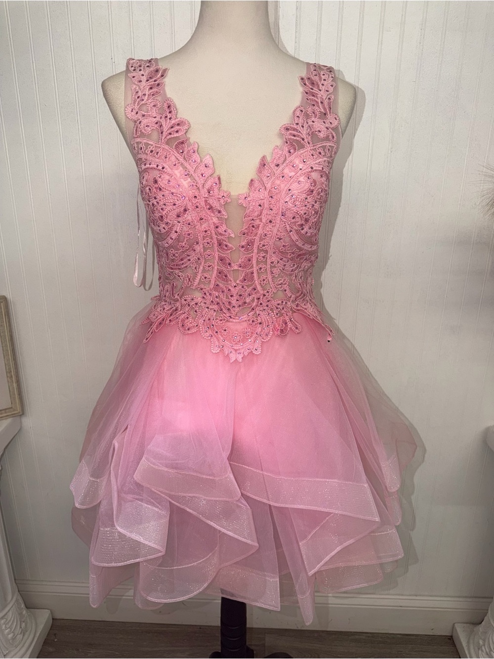 Pink Lace Applique Tulle Mini Dress with Scalloped V-Neck